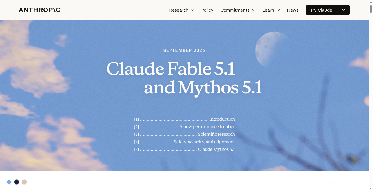 Anthropic announcement page for Claude Fable 5.1 and Mythos 5.1, September 2026