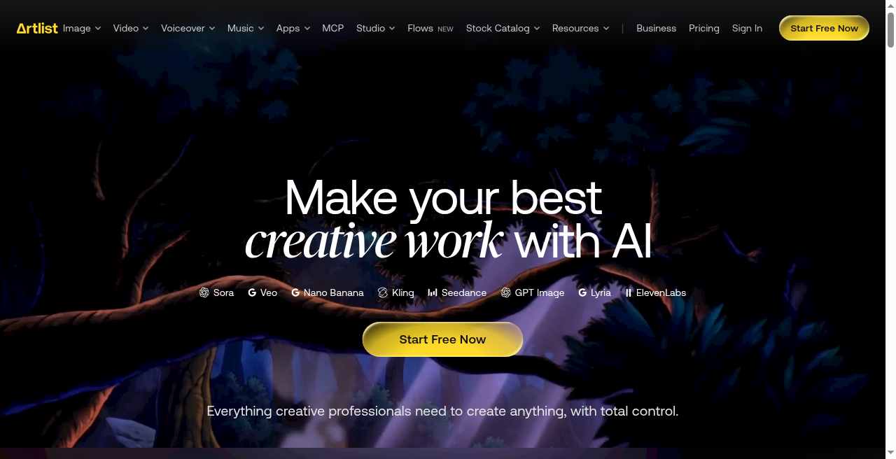 Artlist homepage hosting Veo and Sora-style generation