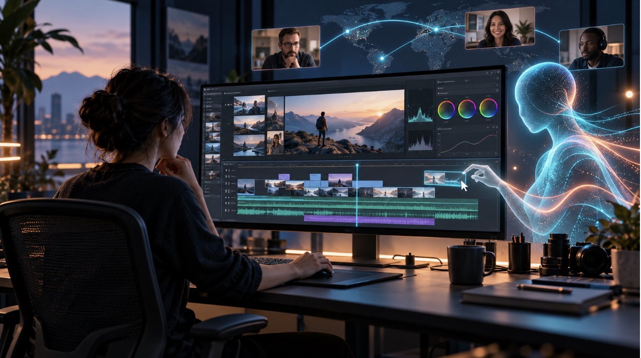 A remote editor reviewing an AI agent's changes on a shared video timeline, with collaborators on video calls