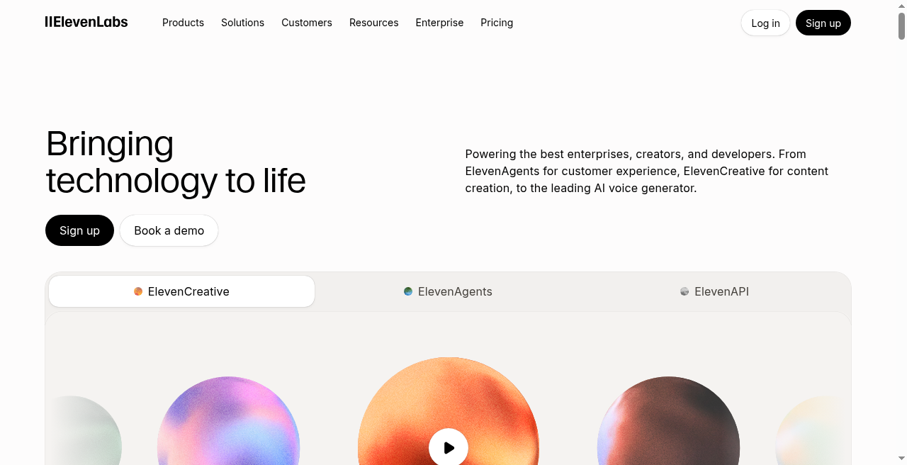 ElevenLabs homepage for AI voice and speech