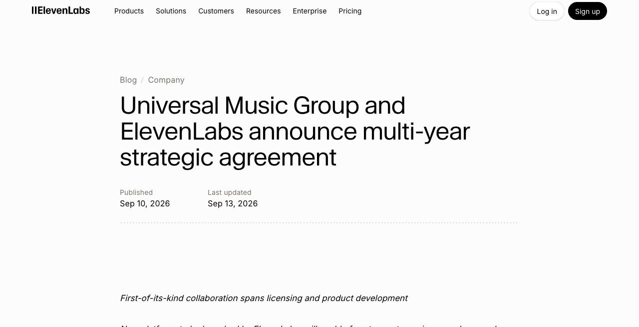 ElevenLabs announcement: Universal Music Group and ElevenLabs announce multi-year strategic agreement, 10 September 2026