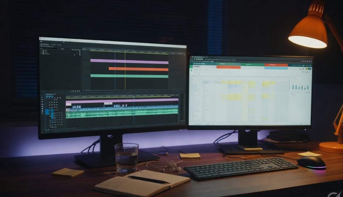 A dual-monitor desk at night: a video timeline on one screen and a spreadsheet on the other
