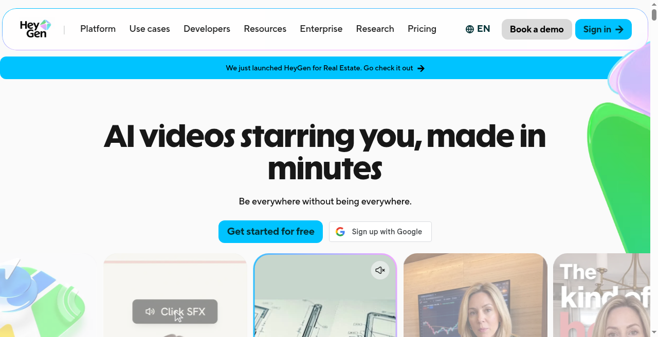 HeyGen homepage for AI avatar and talking-head video