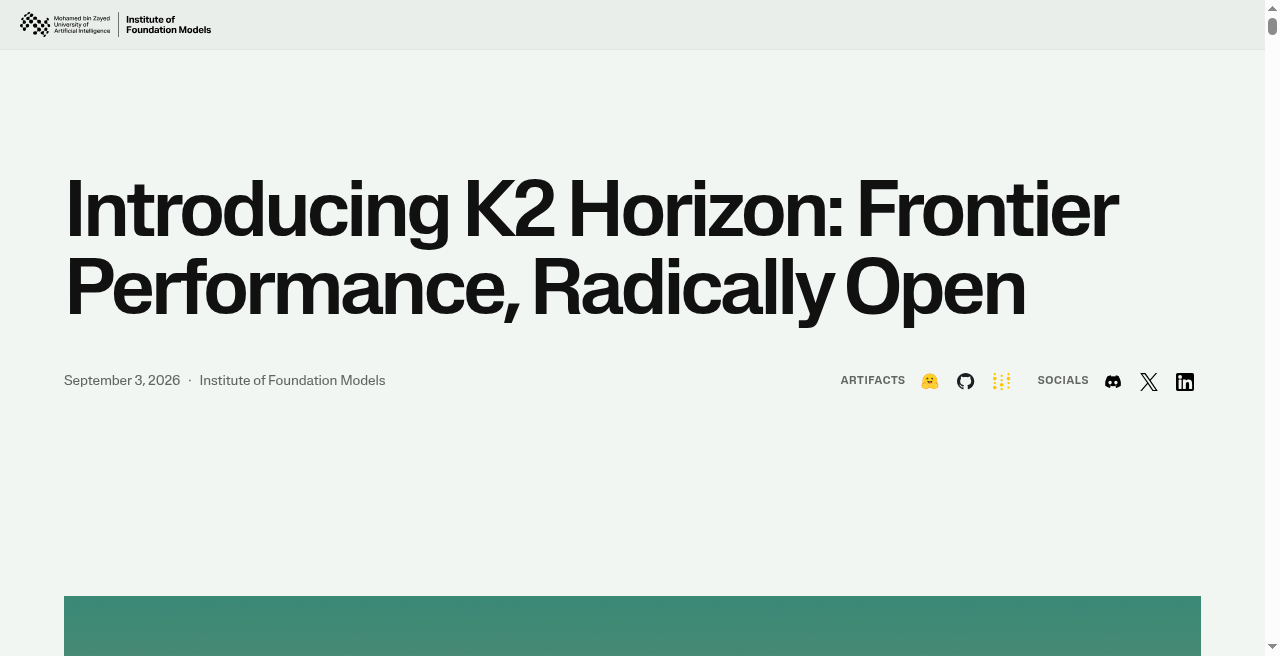 Institute of Foundation Models K2 Horizon announcement page: Frontier Performance, Radically Open, September 3, 2026