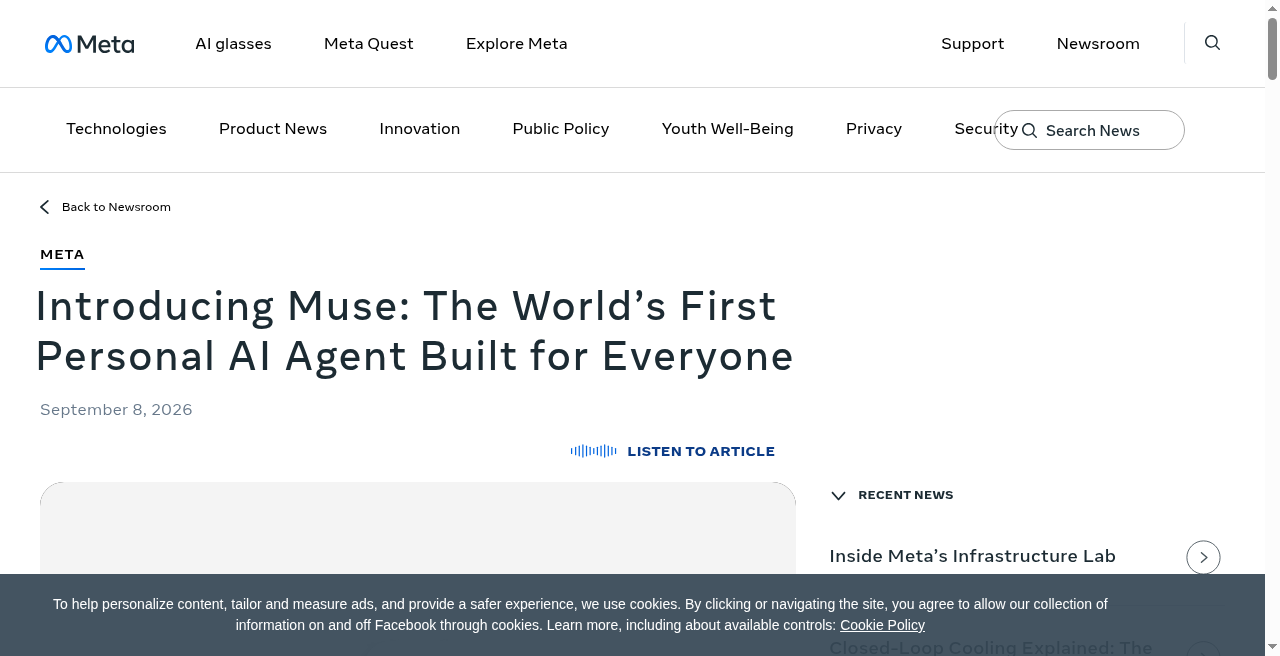 Meta newsroom announcement for Muse personal AI agent dated September 8, 2026