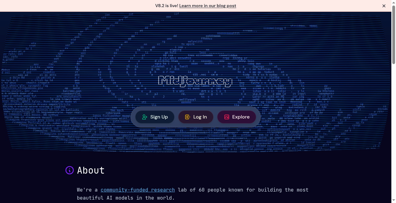 Midjourney image generation homepage