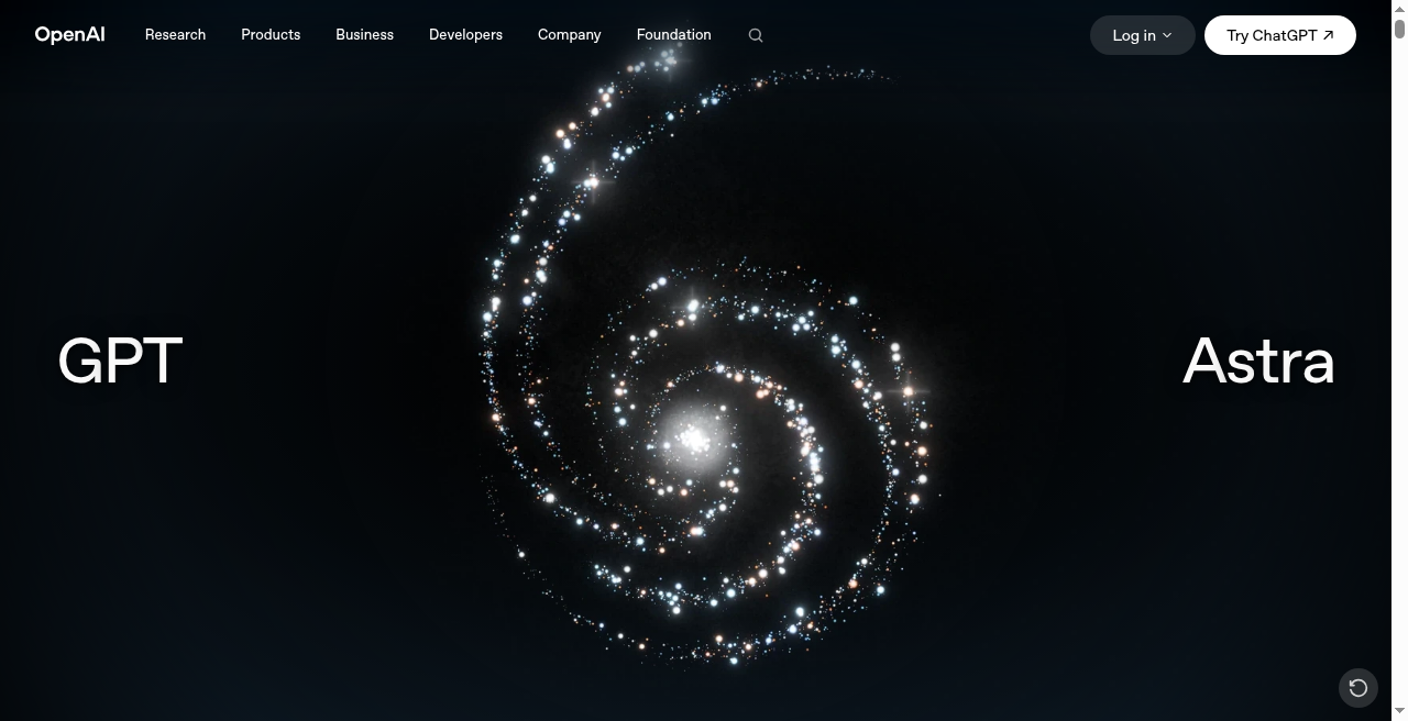 OpenAI GPT Astra announcement page hero with cosmic spiral graphic