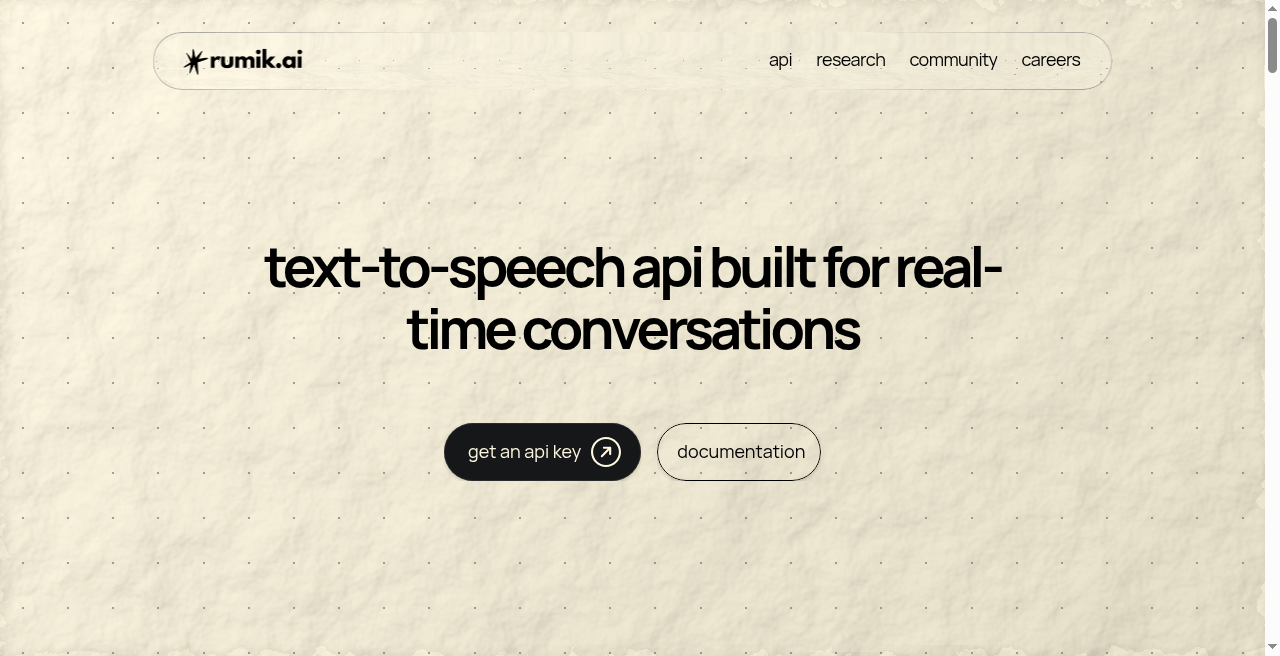 Rumik.ai landing page hero for their real-time text-to-speech API