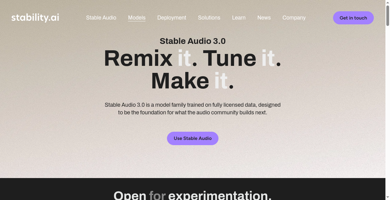 Stable Audio product page for beds and SFX
