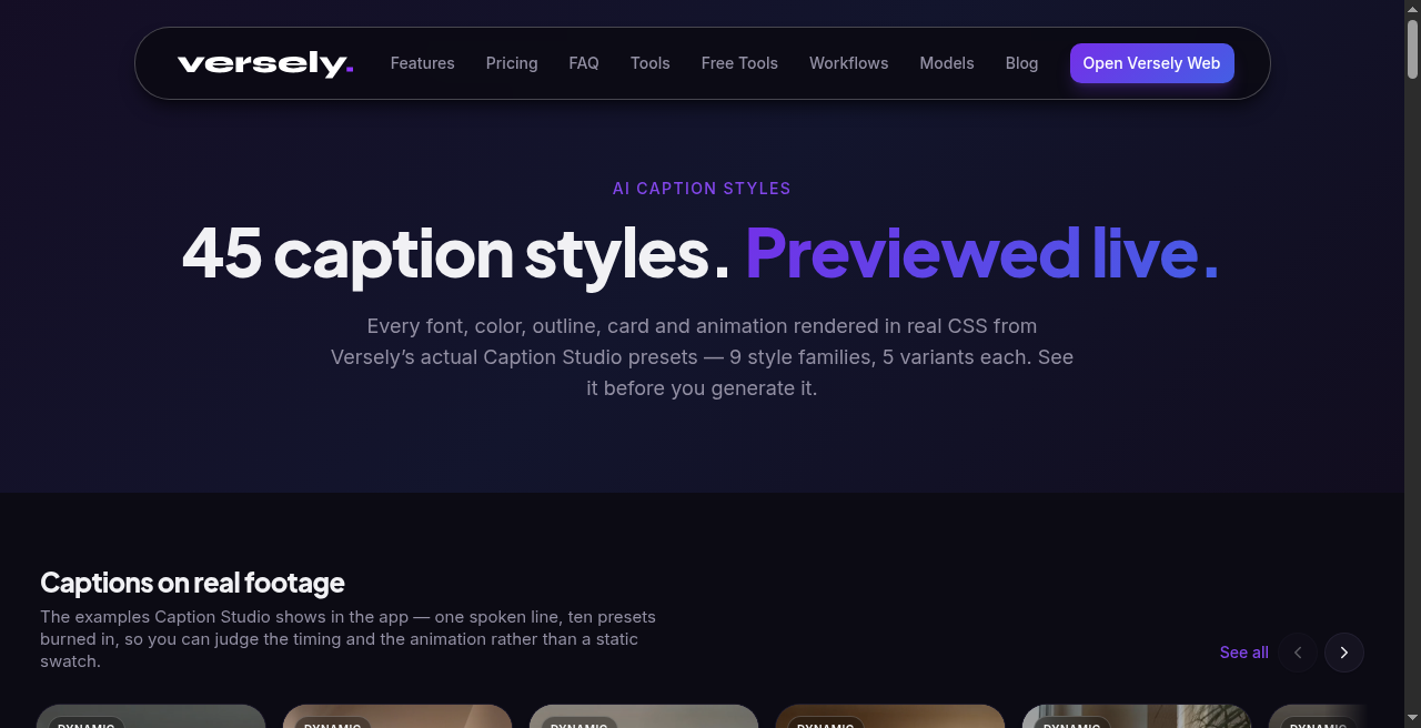 Versely caption styles and fonts on short-form video