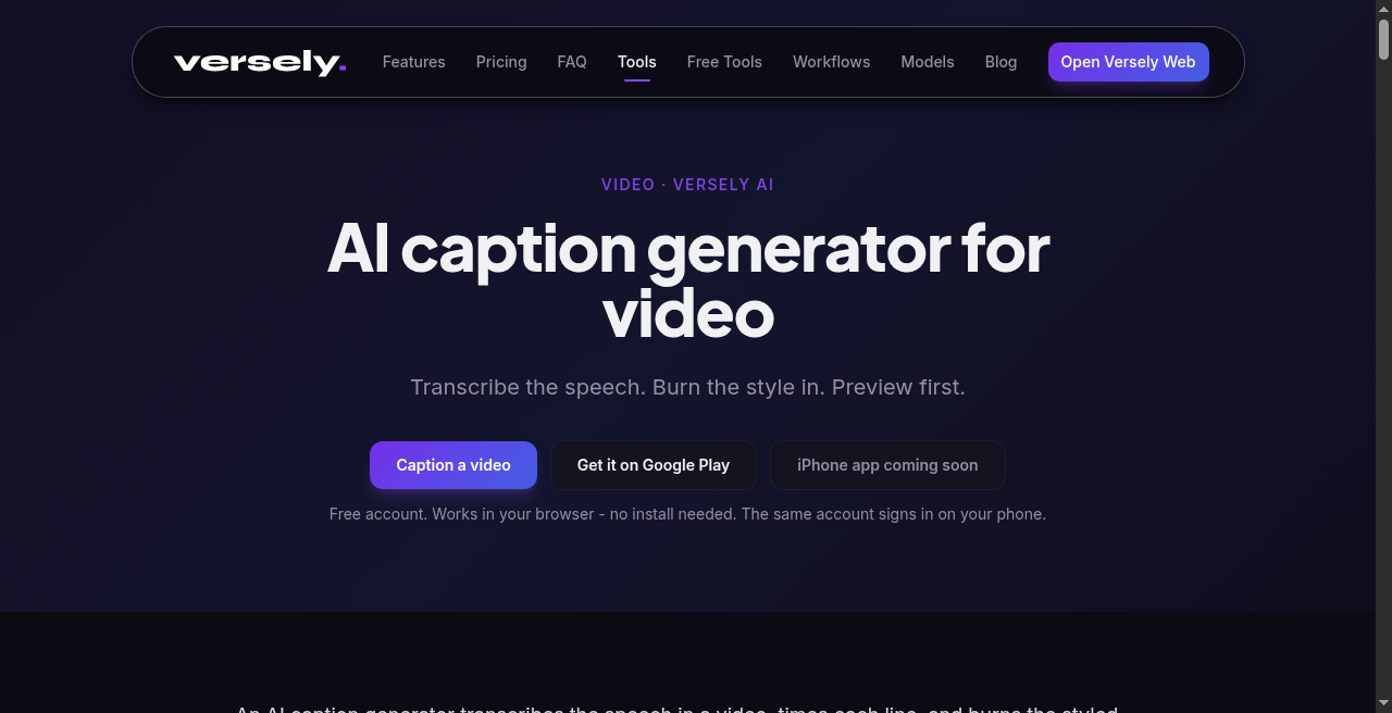 Versely caption tool for style preview and burn