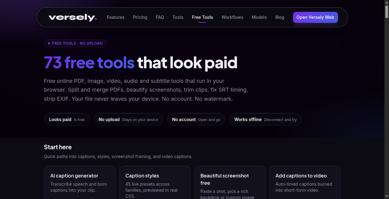 Versely free on-device tools hub