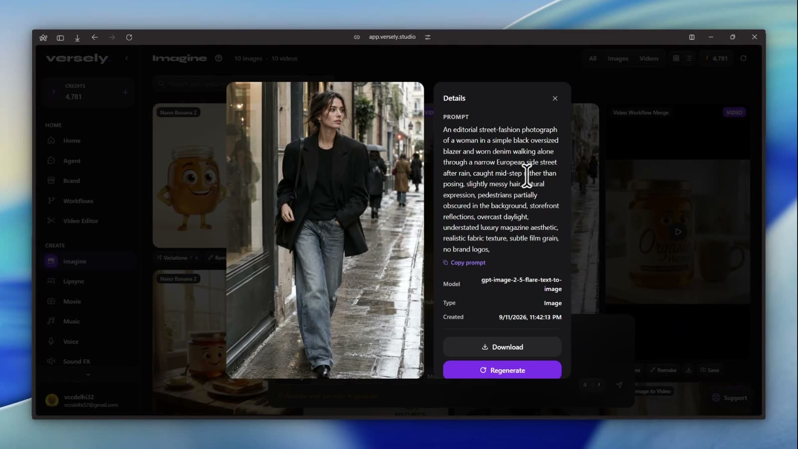 Finished GPT Image 2.5 still with the Details panel, Download and Regenerate buttons
