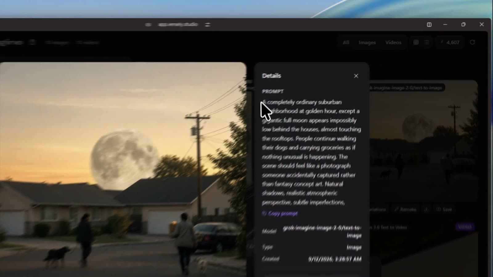 Grok Imagine Image 2.0 result open with the Details panel