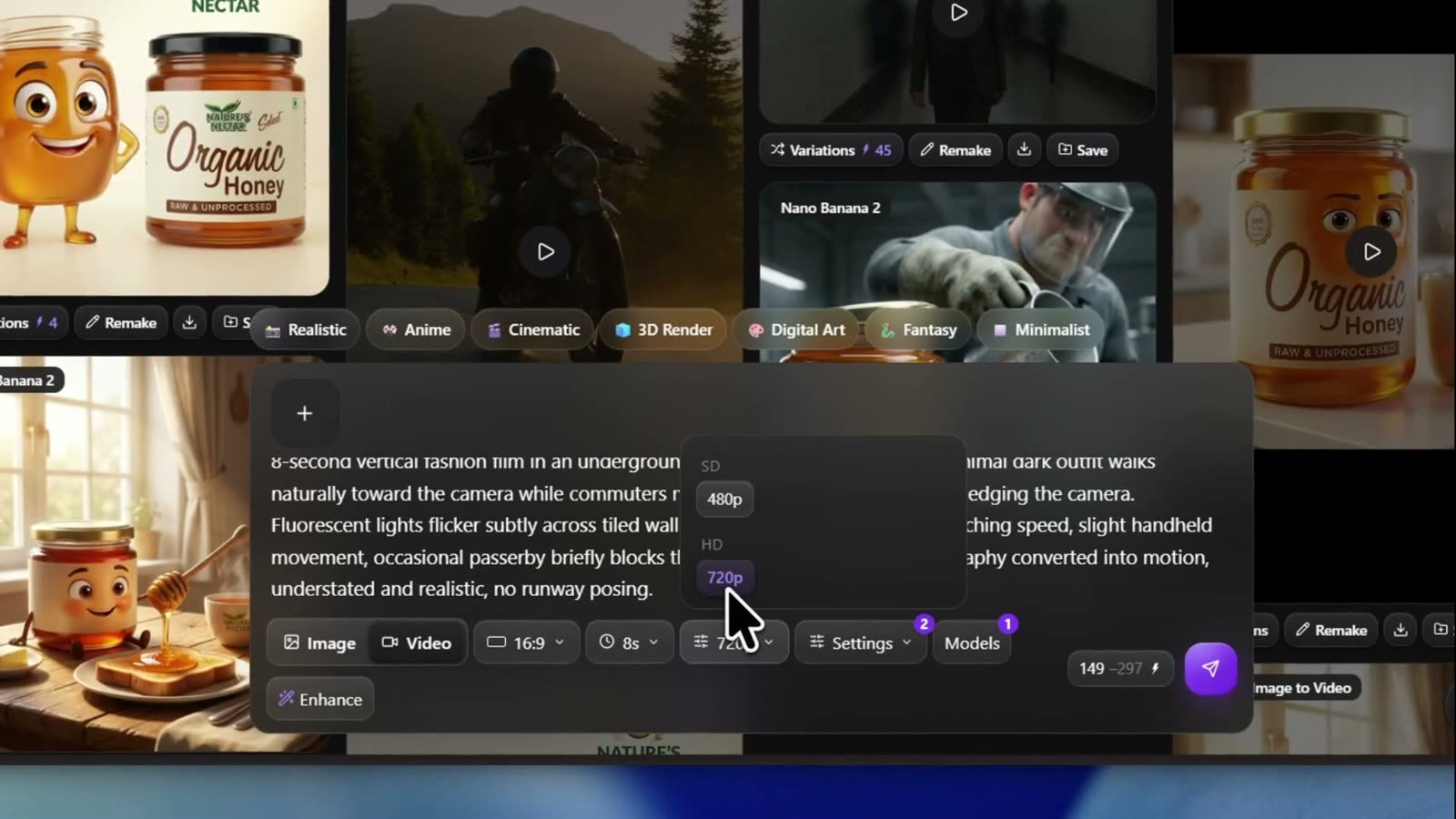 Versely composer with the Seedance 2.5 prompt, 8s, and the 480p/720p quality menu open
