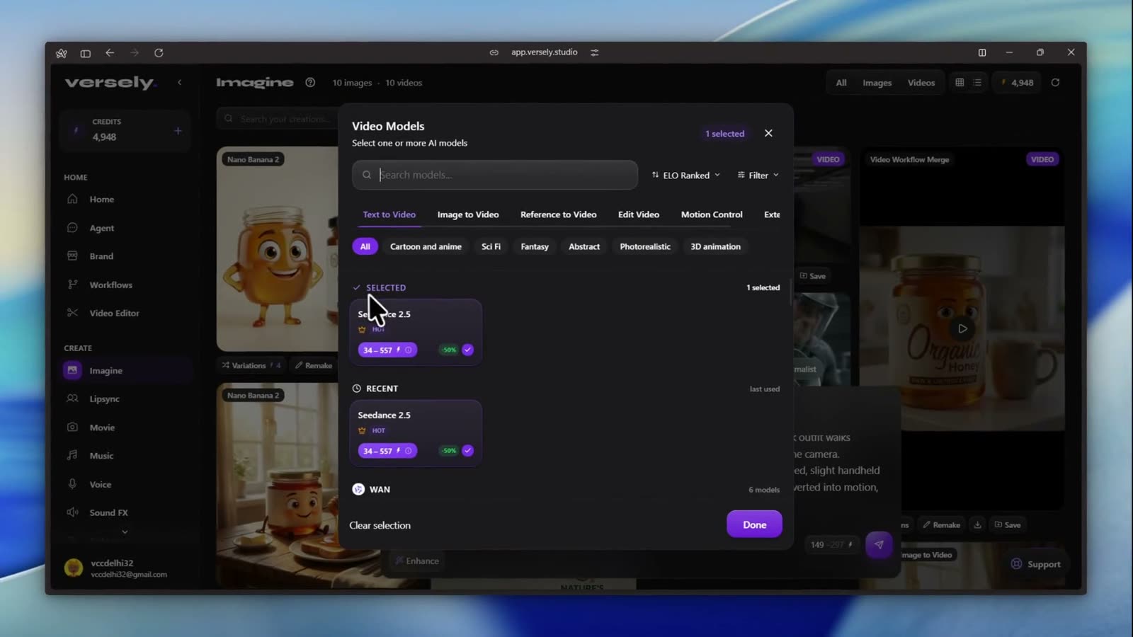 Versely Video Models dialog with Seedance 2.5 selected