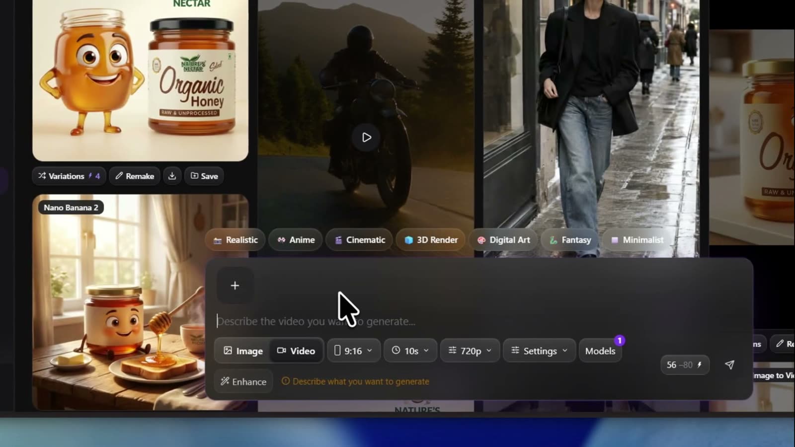 Versely composer in Video mode with 9:16, 10s, 720p and a 56-credit quote