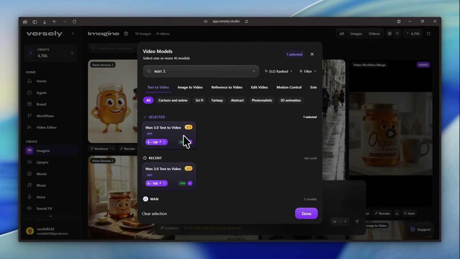 Versely Video Models dialog with a "wan 3" search and Wan 3.0 Text to Video selected