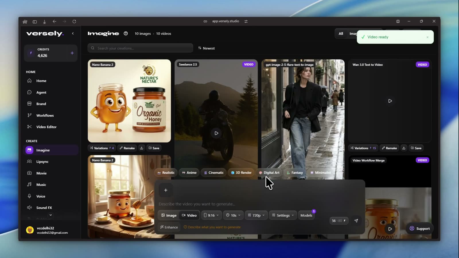 Versely Imagine grid with the Video ready toast and the finished Wan 3.0 Text to Video card