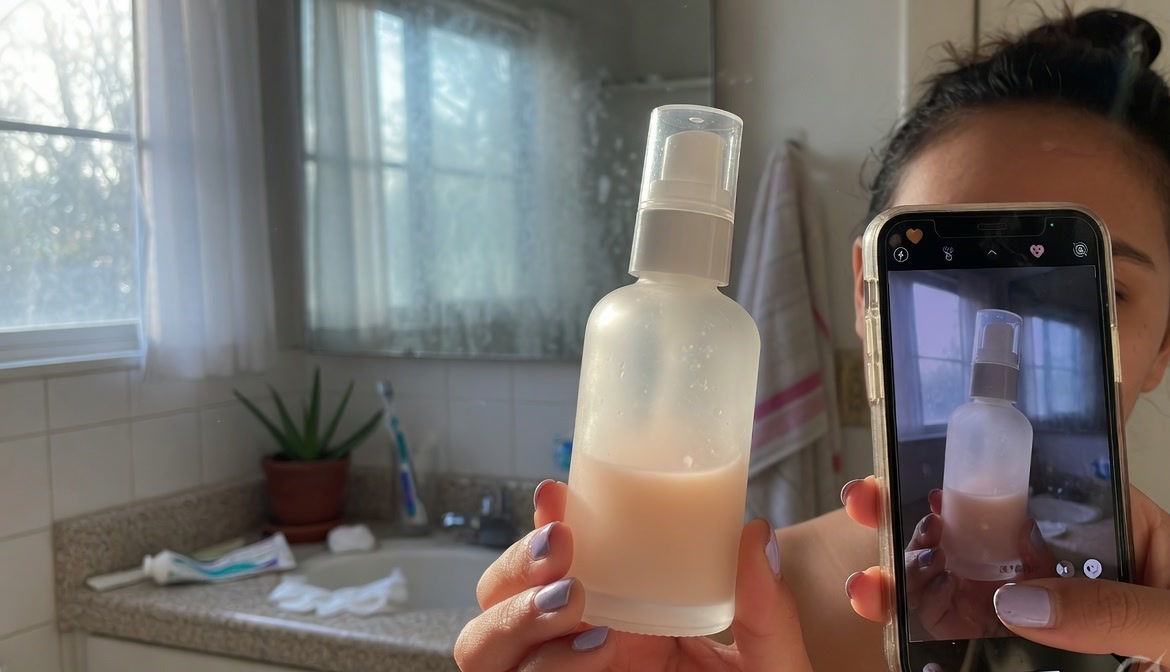 A creator filming an unbranded product on a phone in a bathroom — the handheld look UGC is built on