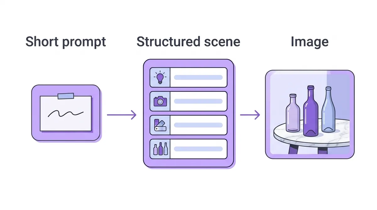 A short prompt becomes a structured scene description, which Fibo 2.0 renders as an image