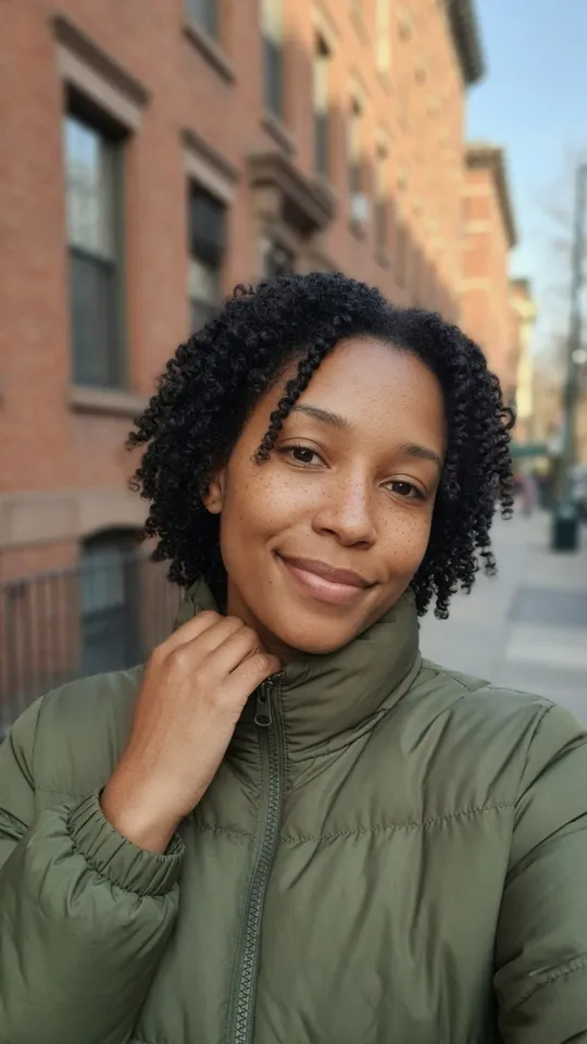 The character outdoors in a green jacket