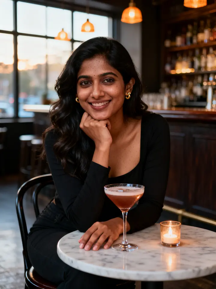 Original phone photo of a woman at a bar table, chin on her hand