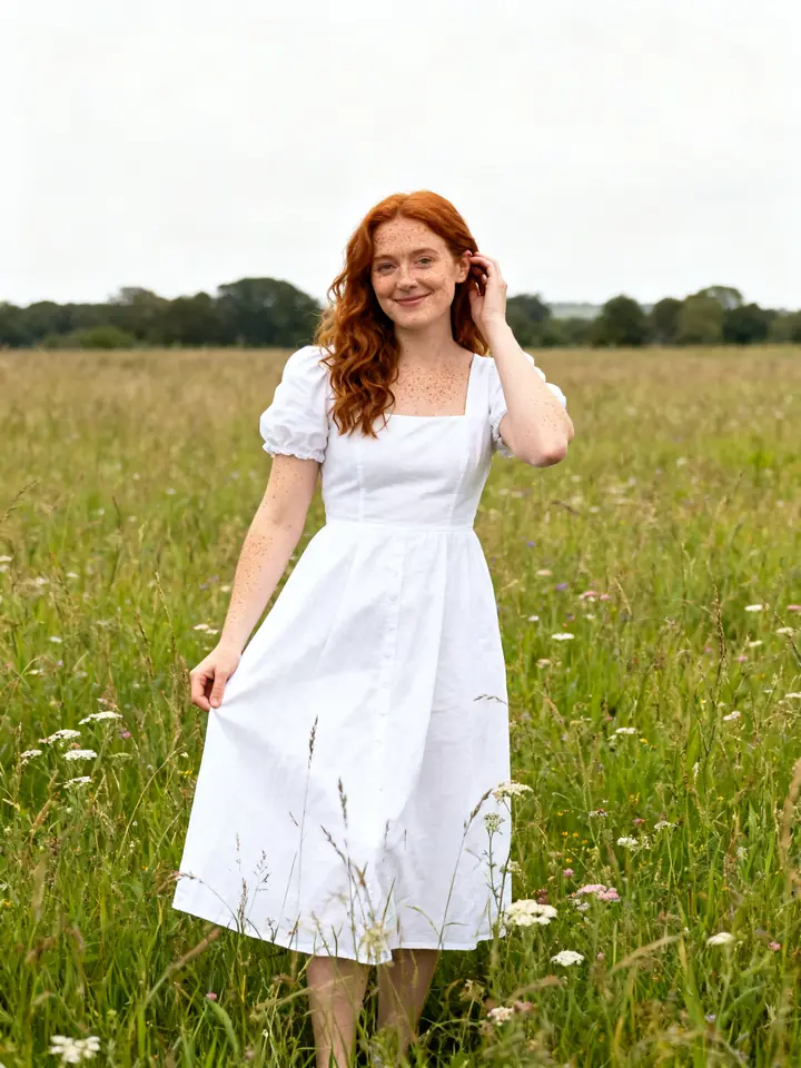 Original phone photo of a woman in a white summer dress in a meadow