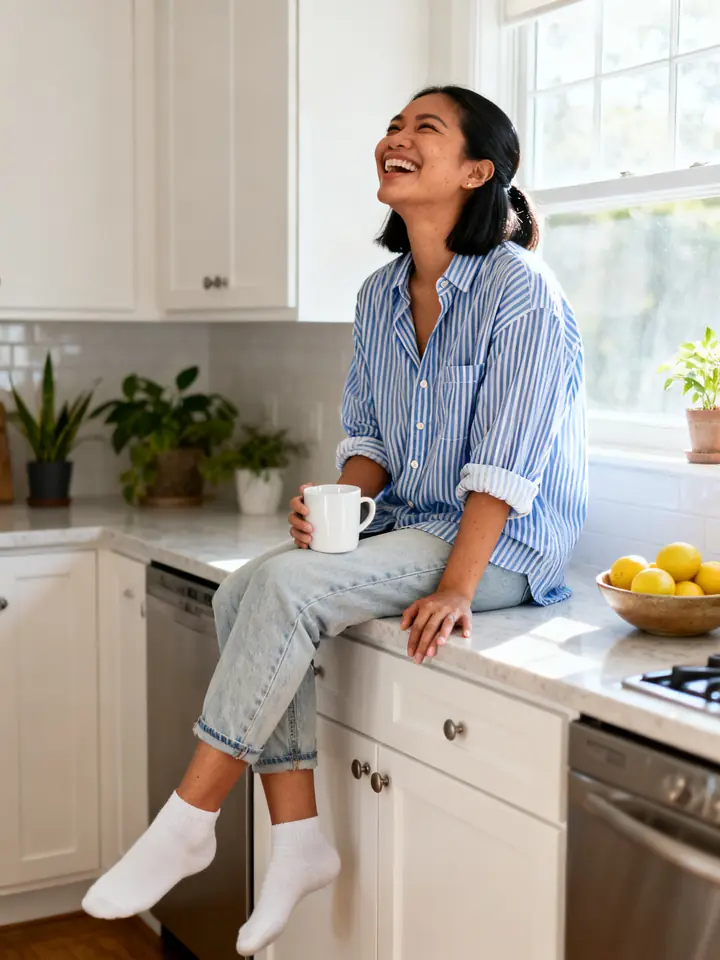 Original phone photo of a woman laughing on a kitchen counter