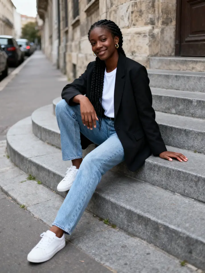 Original phone photo of a woman sitting on stone steps in the city