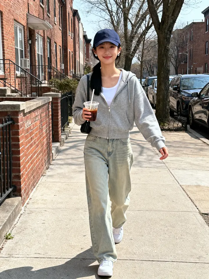 Original phone photo of a woman walking down a street with an iced coffee